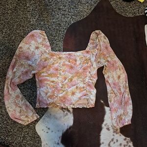 Floral Puff Sleeve Top - Pink and Cream